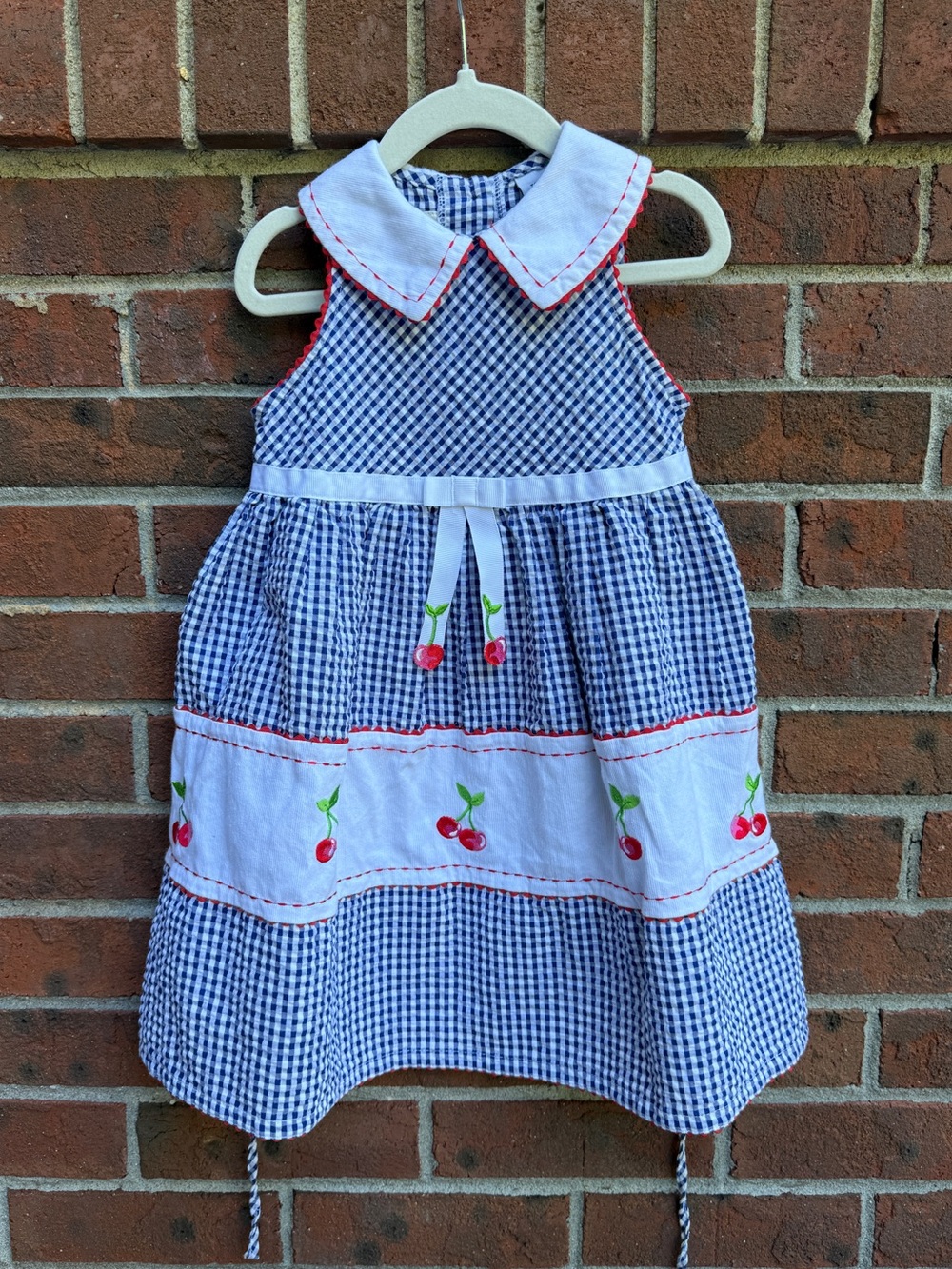 Vintage Youngland Embroidered Cherries Blue Gingham Checkered Dress Size 4T